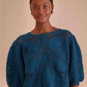 Teal Flower Draw Crochet Blouse